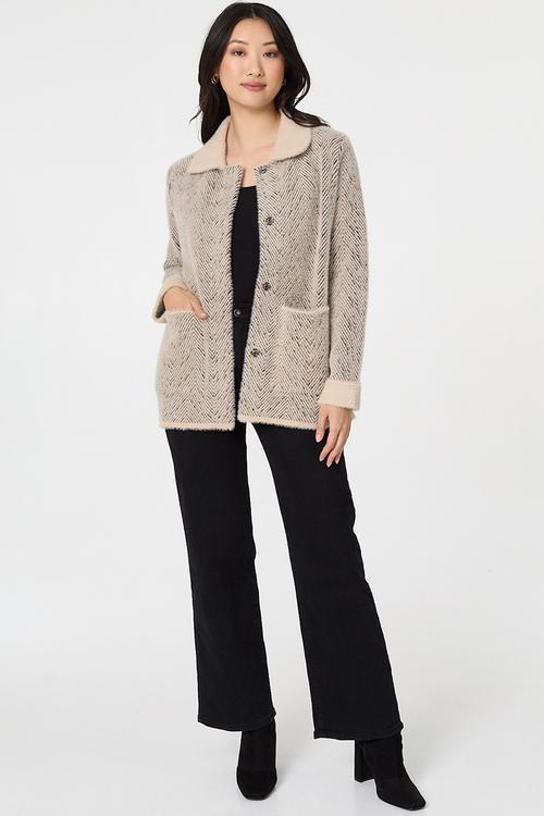 Ls Button Through Check Knitwear Jacket With Sherpa Collar - Beige
