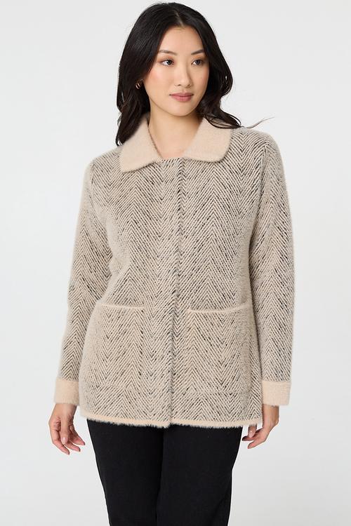 Ls Button Through Check Knitwear Jacket With Sherpa Collar - Beige
