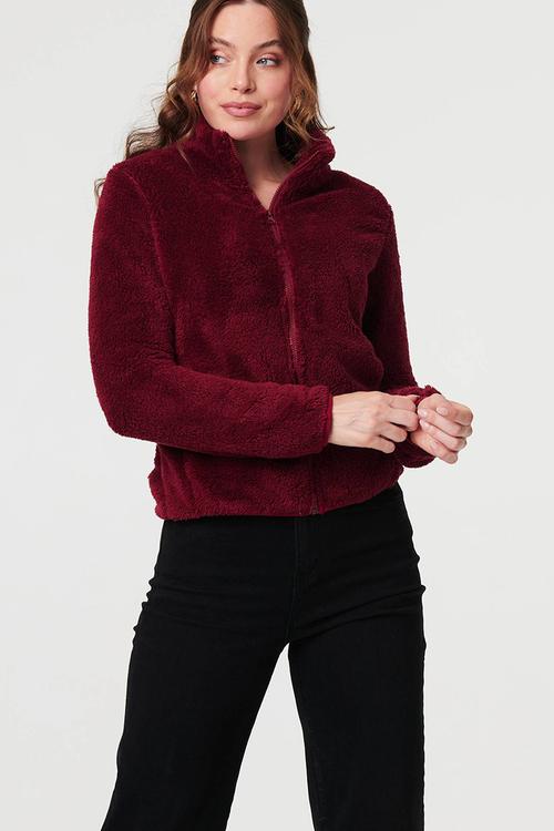 Long sleeve Zip Through Faux Teddy Jacket - Wine