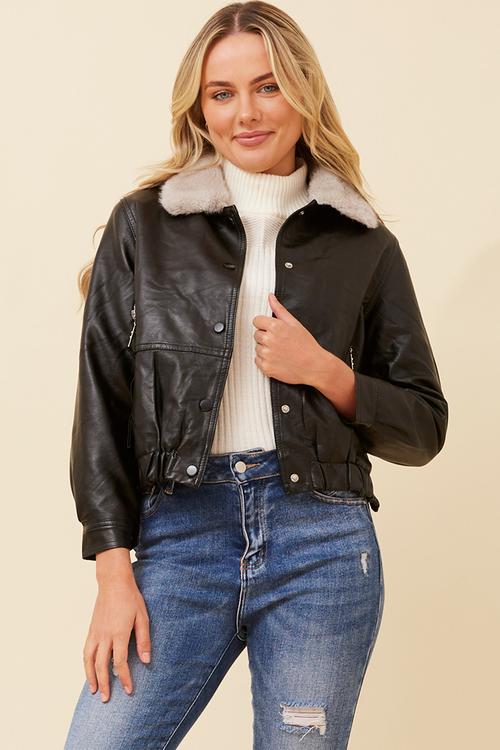 Aviator Faux Leather Snap Button Through Cropped Length Jacket With Elastic At Hem - Black