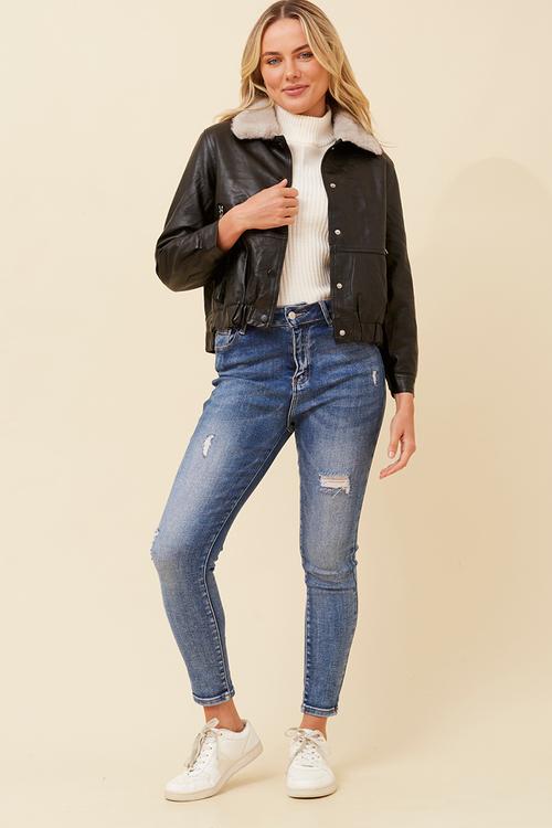 Aviator Faux Leather Snap Button Through Cropped Length Jacket With Elastic At Hem - Black