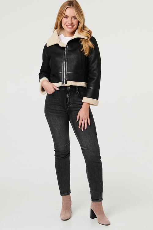 Zip Through Crop Length Faux Leather With Inside Sherpa Detail - Black