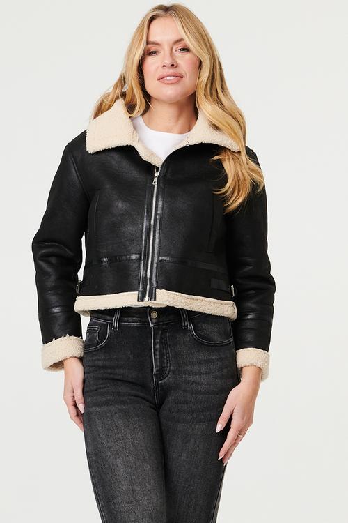 Zip Through Crop Length Faux Leather With Inside Sherpa Detail - Black