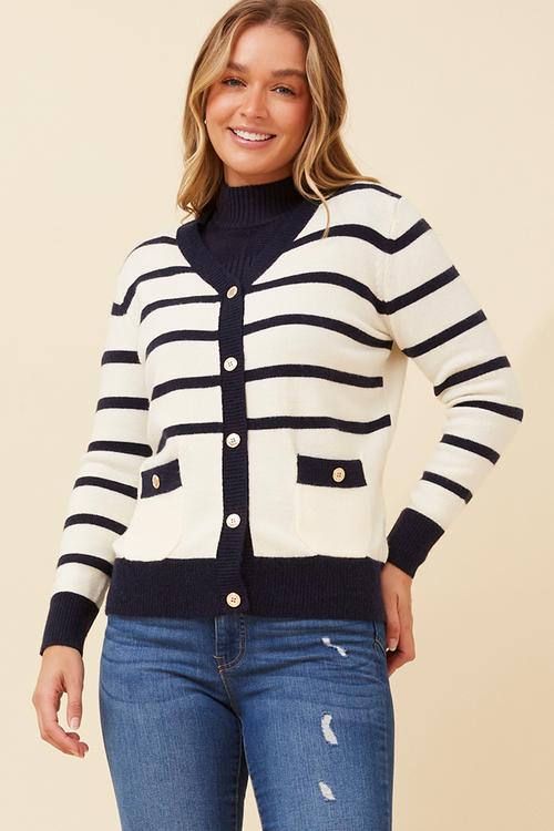 V-Neck Button Through Stripe Knitwear Cardi With Gold Buttons - Ivory