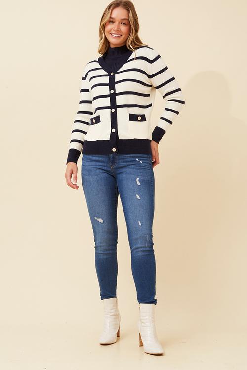 V-Neck Button Through Stripe Knitwear Cardi With Gold Buttons - Ivory