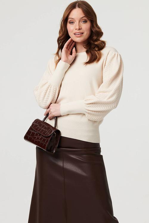 Puff Sleeve Lightweight Knitwear Jersey With Sleeve Detail - Beige