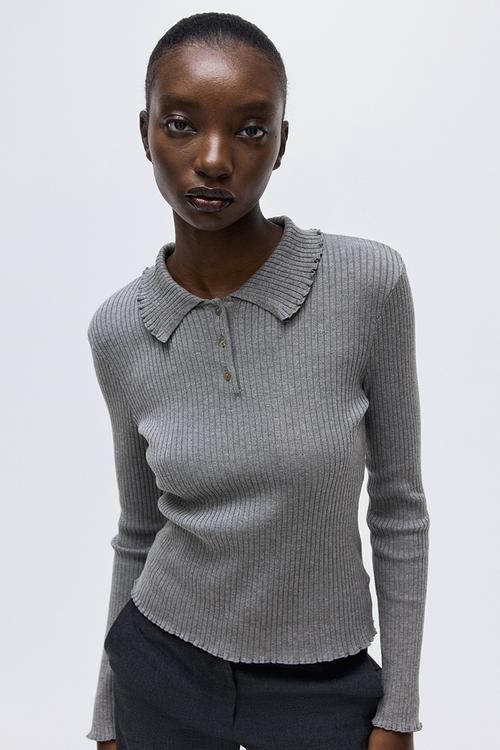 Rib-knit polo jumper - grey marl