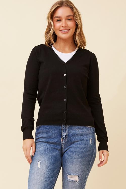 Long Sleeve V-Neck Button Through Cardigan - Black