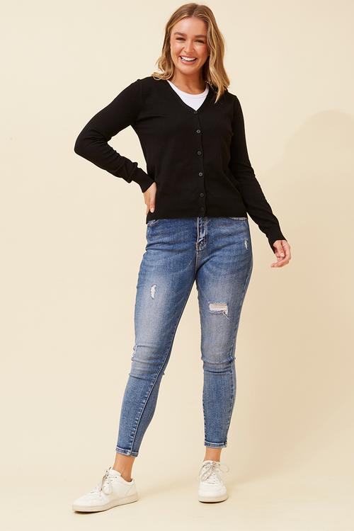 Long Sleeve V-Neck Button Through Cardigan - Black