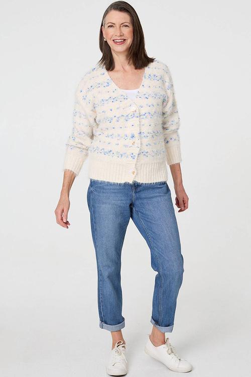 Long Sleeve V-Neck Button Through Cardigan - Blue & White 