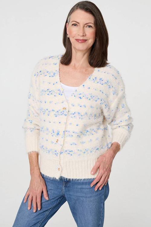 Long Sleeve V-Neck Button Through Cardigan - Blue & White 