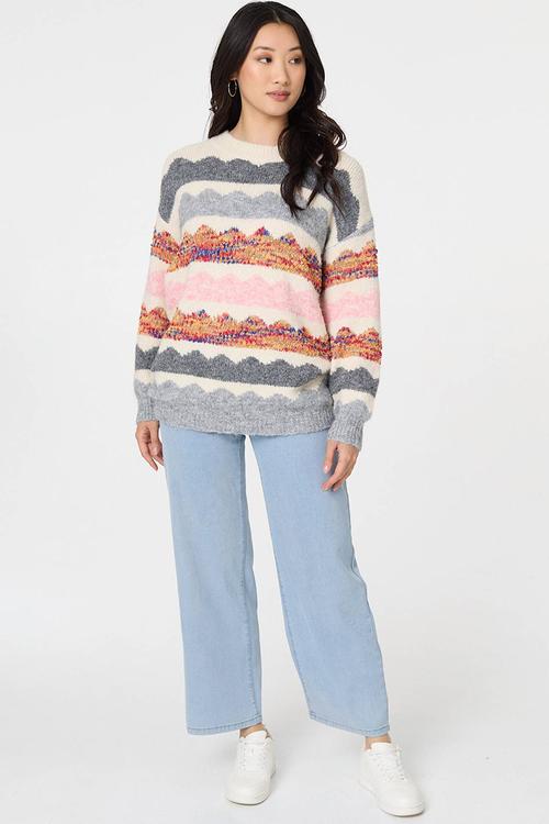 Long Sleeve Longer Length Knitwear Stripe Effect Jersey - Multi White