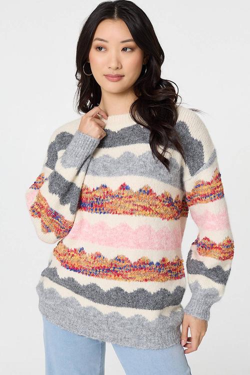 Long Sleeve Longer Length Knitwear Stripe Effect Jersey - Multi White