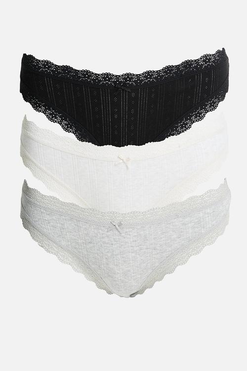 Organic cotton lace bikini brief 3 pack - black/grey marle/butterscotch marle