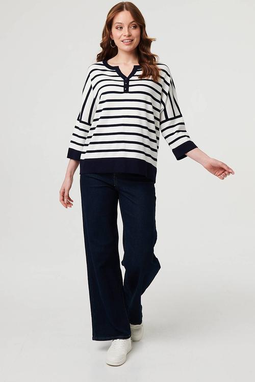 L/S Drop Shoulder Easy Wearing 3 Button Stripe Knitwear Jersey - Multi Navy