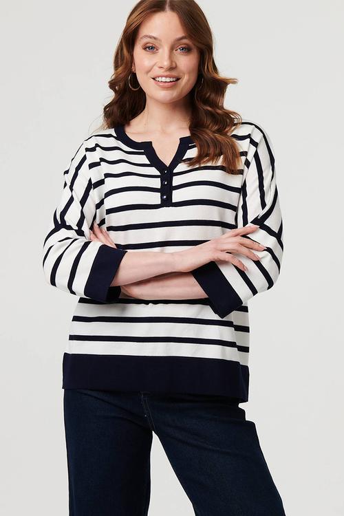 トップス MAATEE&SONS SILK HENLEY NAVY SIZE2 Navy blue zipper detailed striped regular sweatshirt