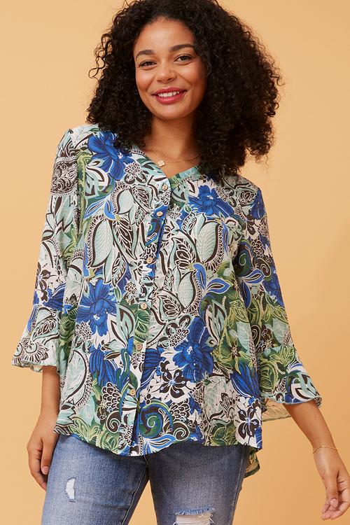 3/4 Sleeve With Flutter V-Neck Button Through Sheer Blouse - Blue