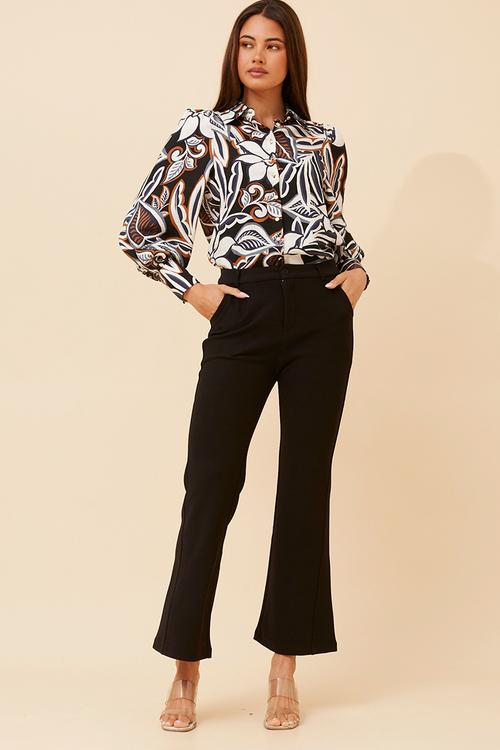 L/S Button Through Collared Printed Blouse With Wide Cuff On Sleeve - Navy