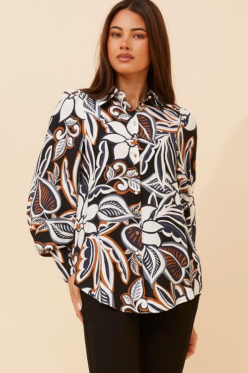 L/S Button Through Collared Printed Blouse With Wide Cuff On Sleeve - Navy