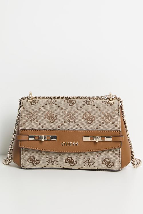 Melinda logo mini convertible crossbody flap bag- latte logo