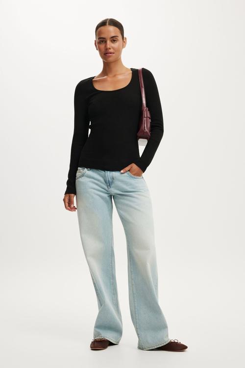 Goldie rib scoop neck long sleeve - black