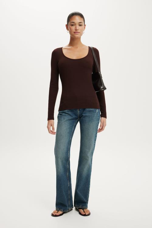 Goldie rib scoop neck long sleeve - dark oak