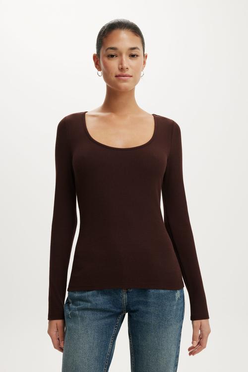 Goldie rib scoop neck long sleeve - dark oak