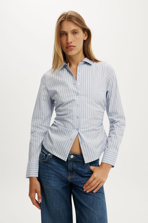 Peyton gathered long sleeve shirt - brenda pinstripe blue