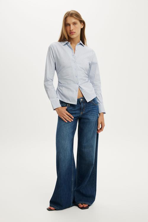 Peyton gathered long sleeve shirt - brenda pinstripe blue