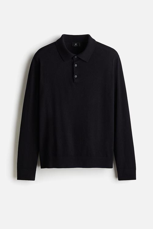 Regular fit merino wool polo shirt - dark blue 