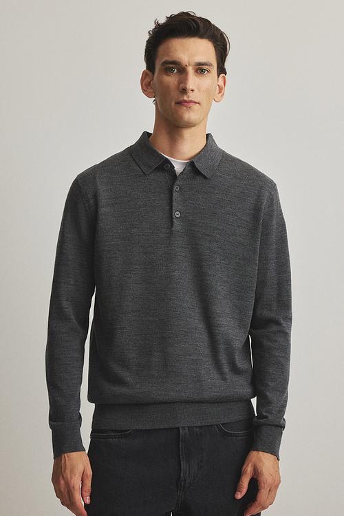 Regular fit merino wool polo shirt - dark grey