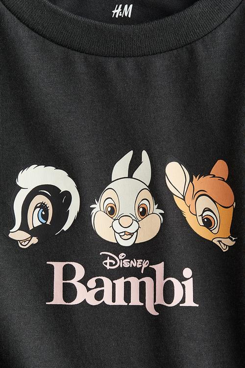 Printed cotton T-shirt - dark grey bambi