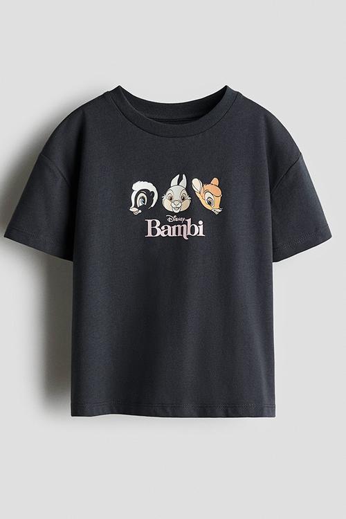 Printed cotton T-shirt - dark grey bambi