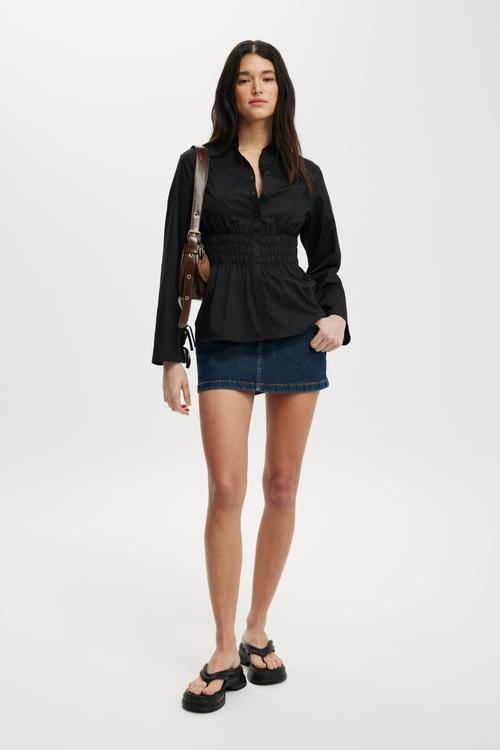 Gathered long sleeve shirt - black