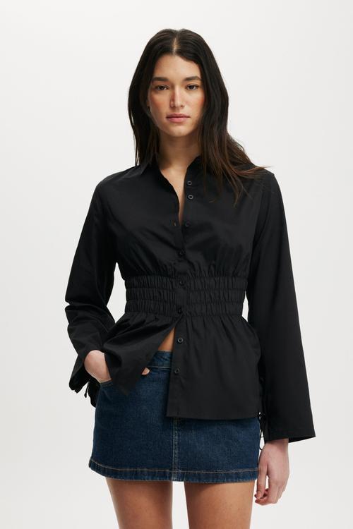 Gathered long sleeve shirt - black