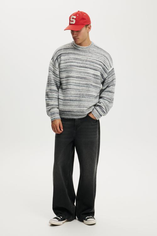 Box Fit Fuzzy Crew Knit - Grey Stripe