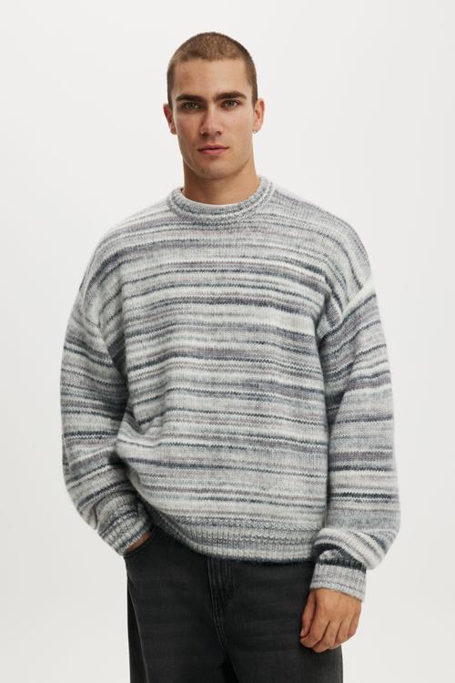 Box Fit Fuzzy Crew Knit - Grey Stripe