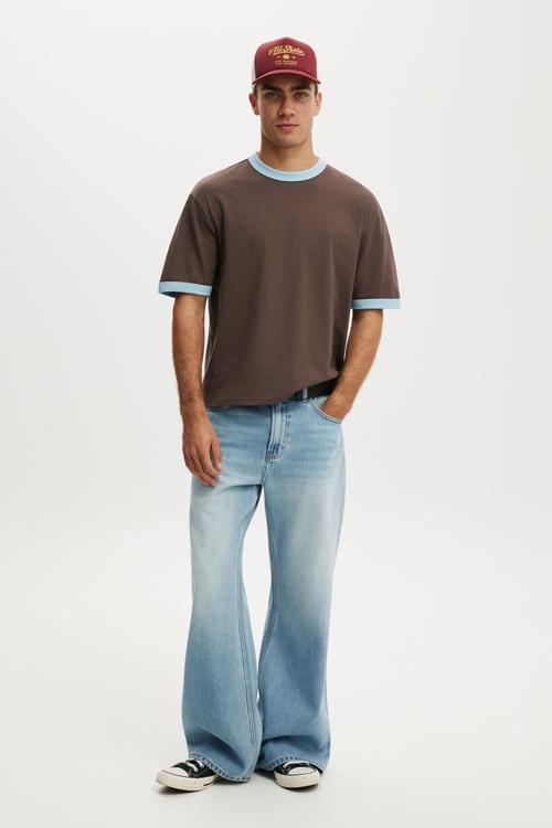 Cropped Fit T-Shirt - Washed Chocolate/Powder Blue Ringer