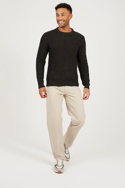 Crew Neck Sweater In Waffle Knit - Khaki/Black