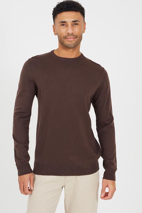 Crew Neck Jumper. Flat Knit. - Bitter Chocolate