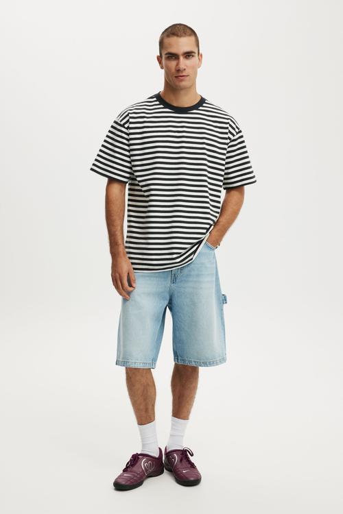 Box fit T-shirt - washed black / vintage white stripe
