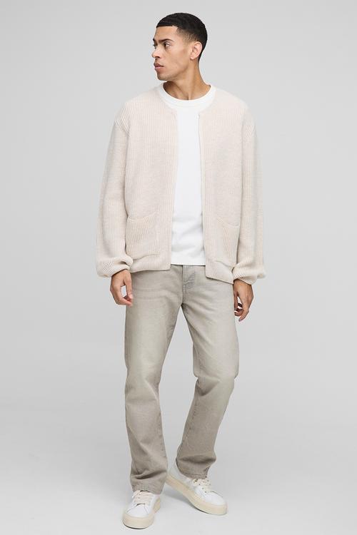 Regular Fit Ribbed Zip Through Collarless Knitted Cardigan - Ecru