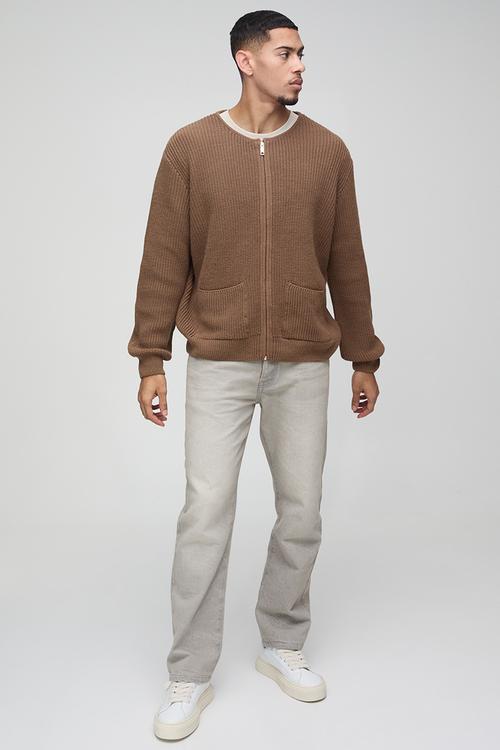 Regular Fit Ribbed Zip Through Collarless Knitted Cardigan - Taupe