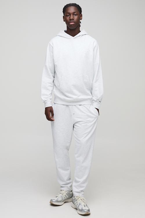 Lightweight Basic Regular Fit MAN. Over The Head Hoodie and Relaxed Tapered Jogger Set-Grey Marl