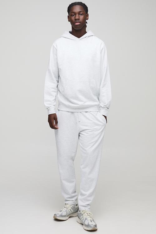 Lightweight Basic Regular Fit MAN. Over The Head Hoodie and Relaxed Tapered Jogger Set-Grey Marl
