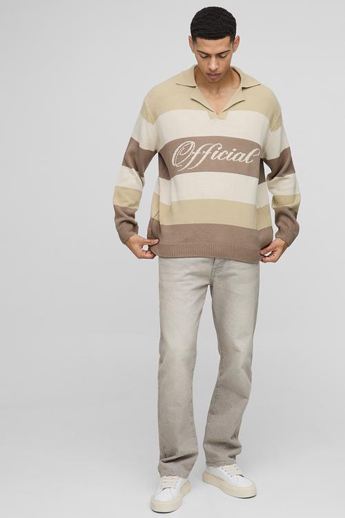 Official Oversized Revere Colour Block Knitted Polo Jumper - Stone