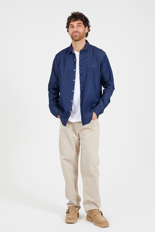 Long Sleeved Button Denim Shirt - Dk Blue