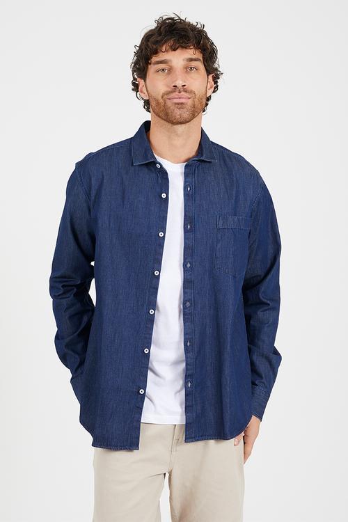 Long Sleeved Button Denim Shirt - Dk Blue
