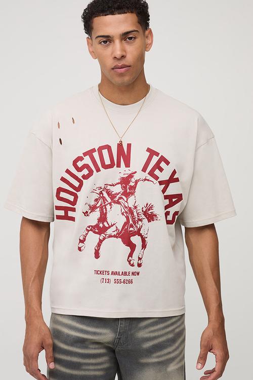 Oversized Boxy Western Graphic Distressed T-Shirt-Stone