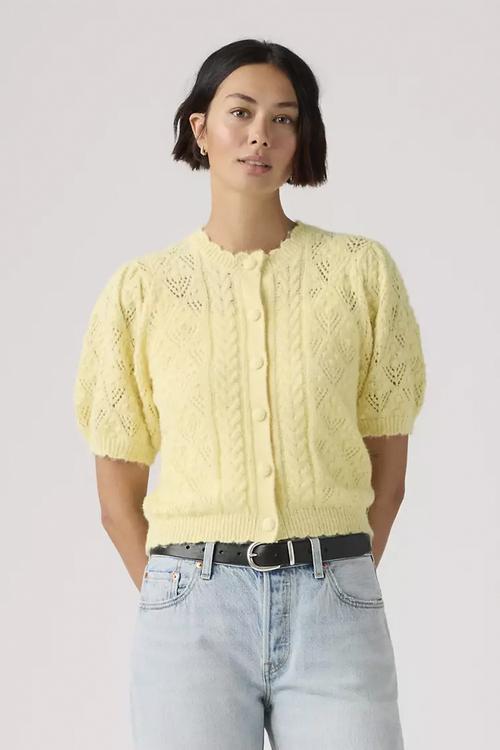 Pauline pointelle ss cardi - french vanilla novelty stitch